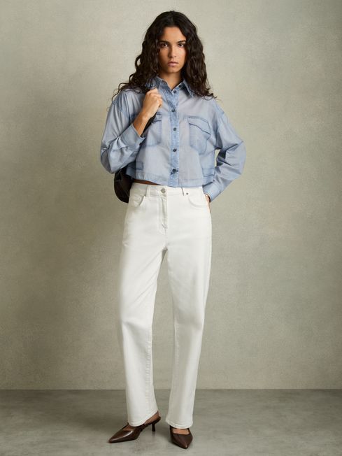 Reiss Blue Darcy Cotton Denim-Print Cropped Shirt