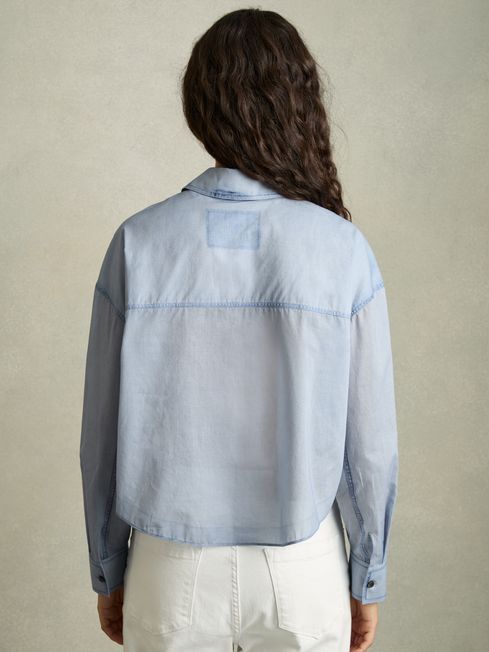 Reiss Blue Darcy Cotton Denim-Print Cropped Shirt