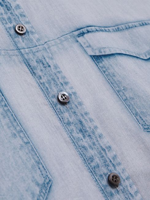 Reiss Blue Darcy Cotton Denim-Print Cropped Shirt