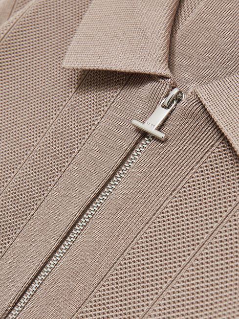 Half-Zip Textured-Knit Polo Shirt in Taupe Brown