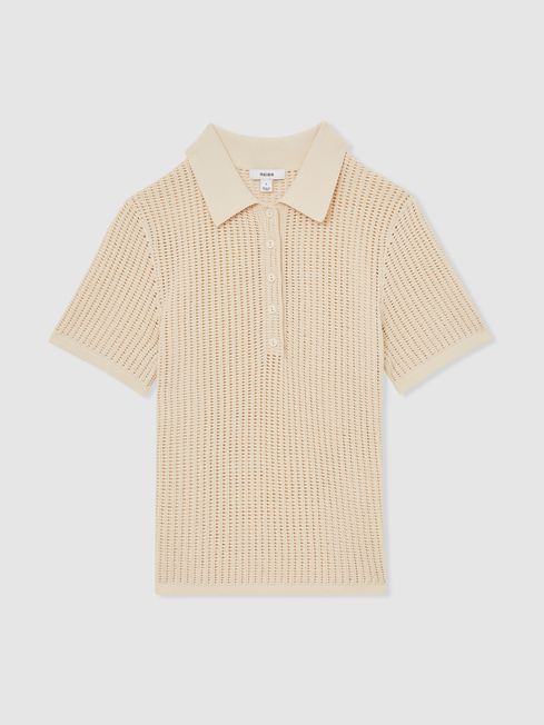 Reiss Ivory Evi Cotton-Blend Open-Knit Polo Shirt