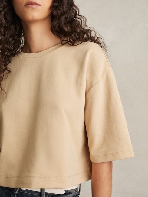 Reiss Sand Alex Stretch-Cotton Cropped T-Shirt