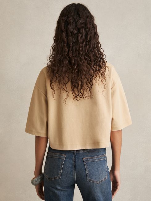 Reiss Sand Alex Stretch-Cotton Cropped T-Shirt