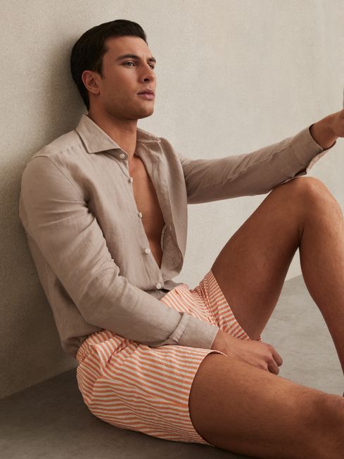 Reiss Orange/White Bay Seersucker Stripe Swim Shorts