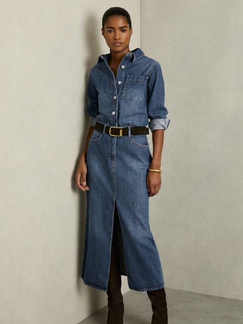 Reiss Indigo Terra Petite Denim Button-Through Midi Dress