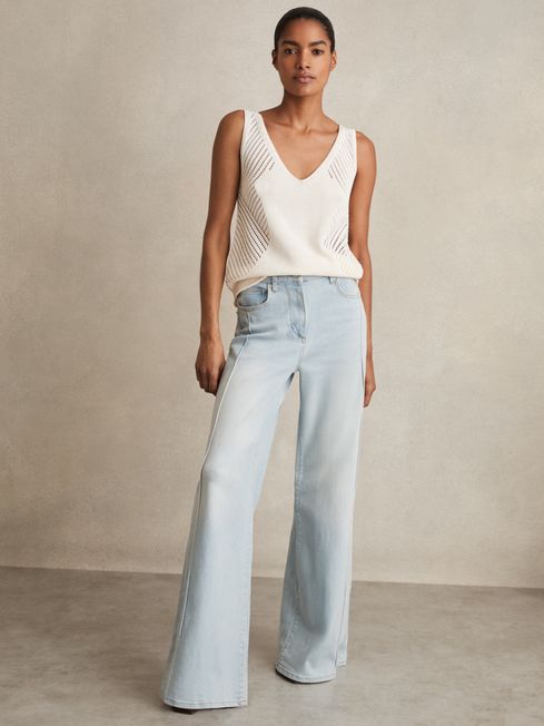 Reiss Light Blue Heather Stretch-Cotton Wide-Leg Jeans