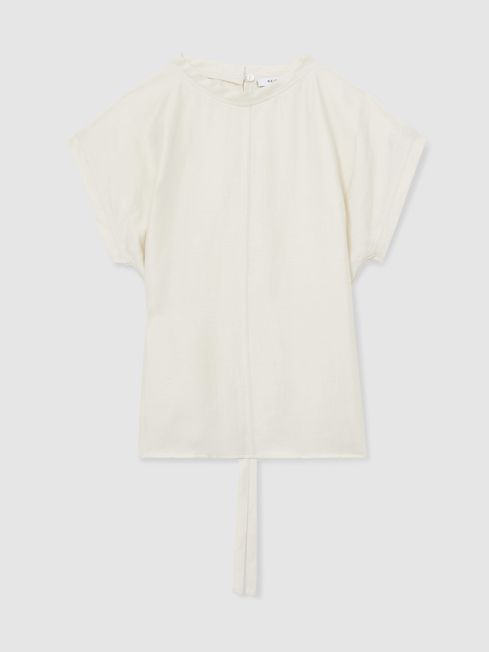 Reiss Cream Soleya Linen-Blend Cap-Sleeve T-Shirt