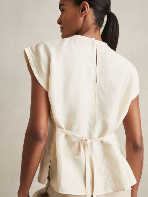Reiss Cream Soleya Linen-Blend Cap-Sleeve T-Shirt