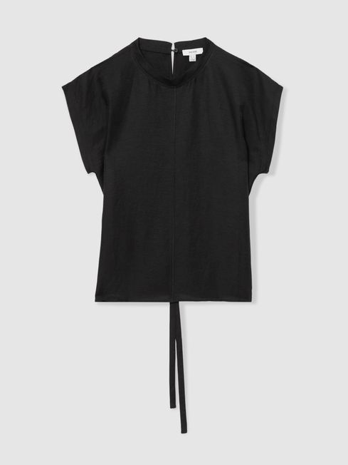 Reiss Black Soleya Linen-Blend Cap-Sleeve T-Shirt