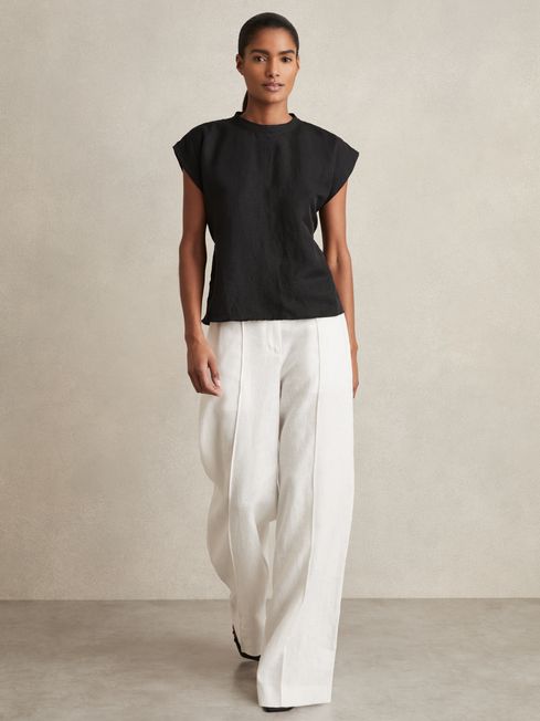 Reiss Black Soleya Linen-Blend Cap-Sleeve T-Shirt