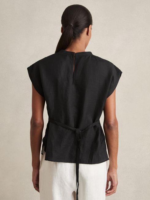 Reiss Black Soleya Linen-Blend Cap-Sleeve T-Shirt