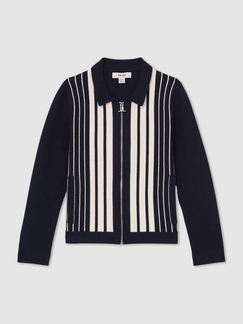 Reiss Navy/White Ambient 13-14 yrs Striped Zip-Through Knit Overshirt