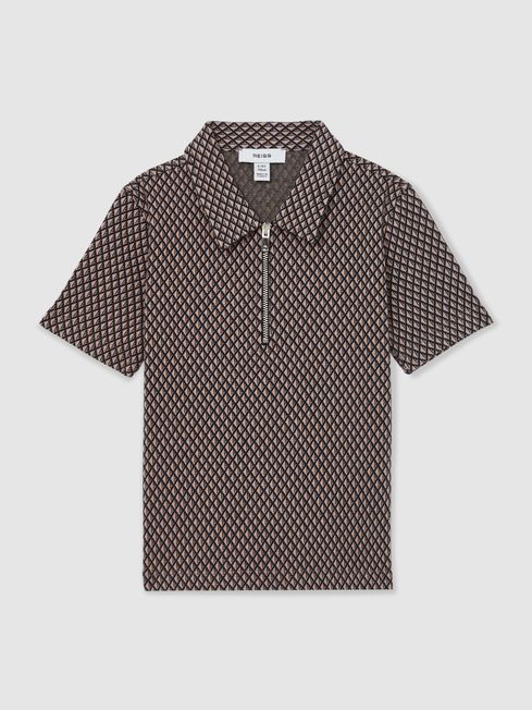 Reiss Tobacco Brown/Navy Baines 3-9 yrs Geometric Jacquard Polo Shirt