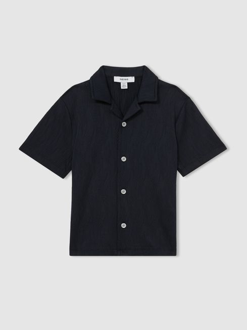 Reiss Navy Elio 9-13 yrs Wave Jacquard Cuban Collar Shirt