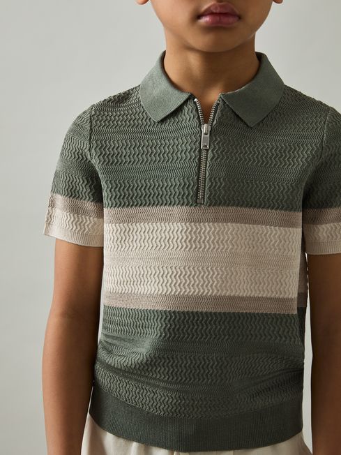 Reiss Sage Green Grove 9-13 yrs Textured Colour-Block Polo Shirt