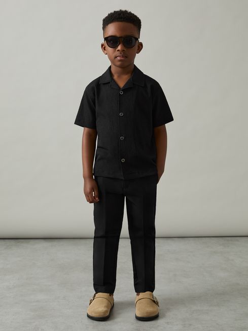 Reiss Black Hunt 3-9 yrs Textured Cuban Collar Shirt