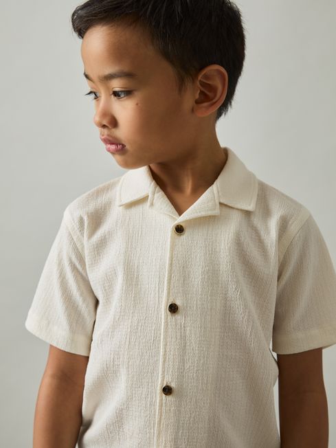 Reiss Off White Hunt 3-9 yrs Textured Cuban Collar Shirt