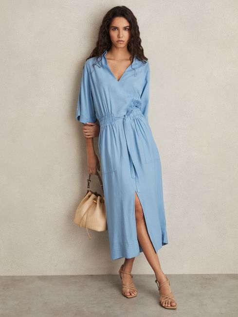 Reiss Blue Cecilia Petite Shirred-Waist Midi Shirt Dress