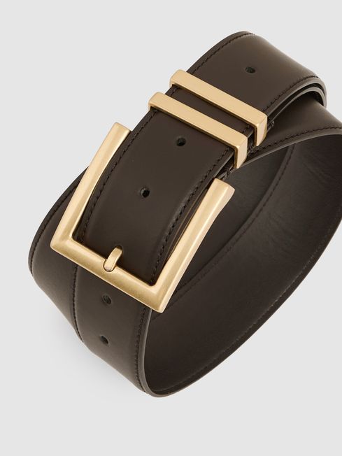 Reiss Chocolate Brompton Leather Square Buckle Belt