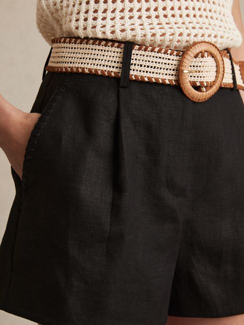Reiss Black Beau Linen Pleat-Front Belted Shorts