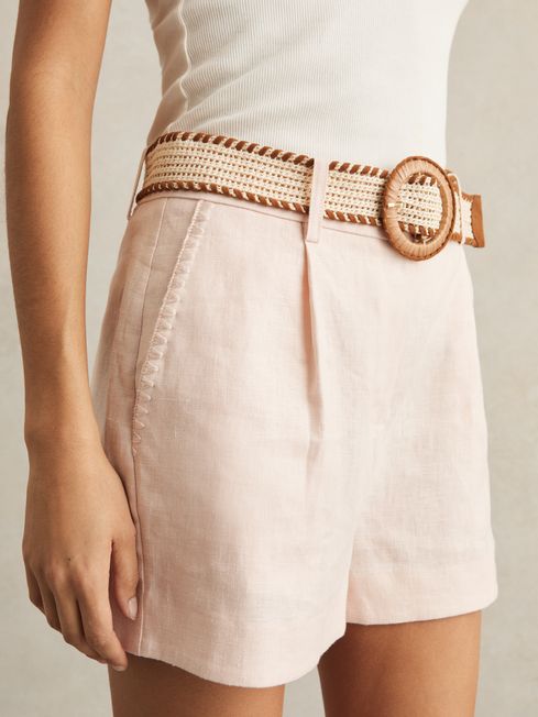 Reiss Pink Beau Linen Pleat-Front Belted Shorts