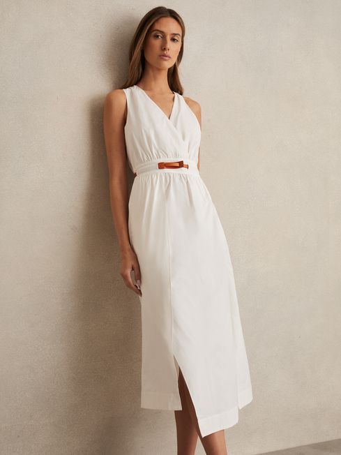 Reiss Ivory Brianne Poplin Belted Split Midi Dress