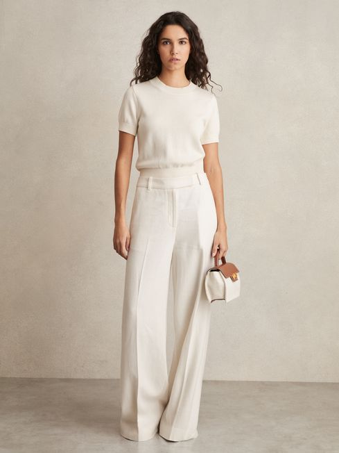 Reiss White Devon Linen-Blend Wide-Leg Trousers