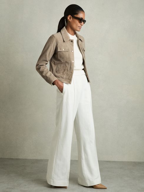 Reiss Neutral Conor Suede Trucker Jacket