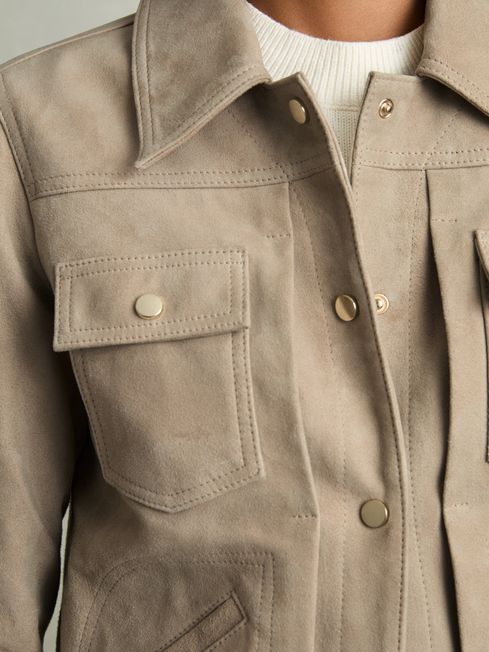 Reiss Neutral Conor Suede Trucker Jacket