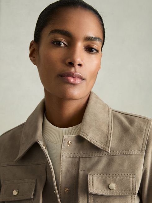 Reiss Neutral Conor Suede Trucker Jacket