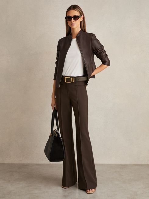 Reiss Chocolate Brown Claude Petite High Rise Flared Trousers