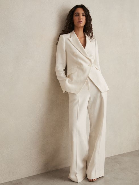Reiss White Devon Petite Linen-Blend Double-Breasted Suit Jacket