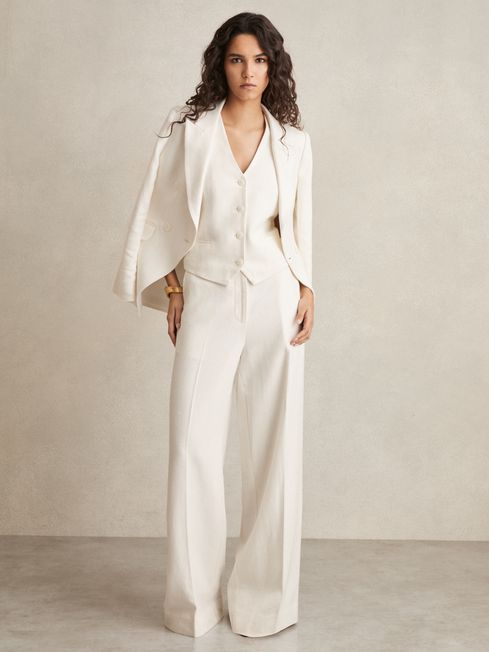 Reiss White Devon Petite Linen-Blend Double-Breasted Suit Jacket