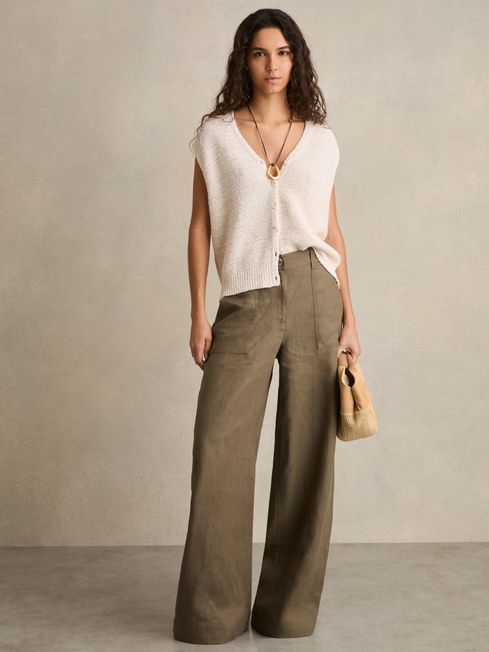 Reiss Khaki Ashby Linen-Cotton Wide-Leg Trousers