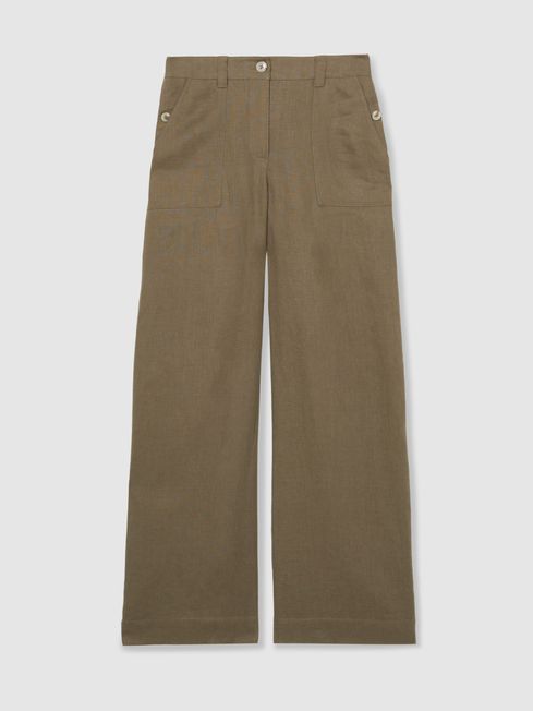 Reiss Khaki Ashby Linen-Cotton Wide-Leg Trousers