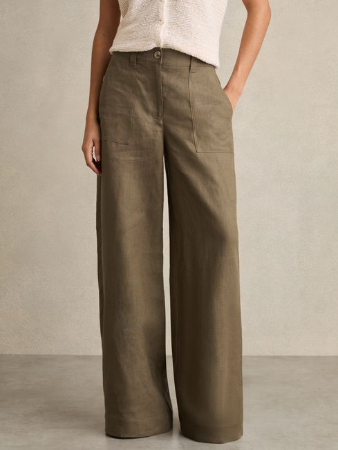 Reiss Khaki Ashby Linen-Cotton Wide-Leg Trousers