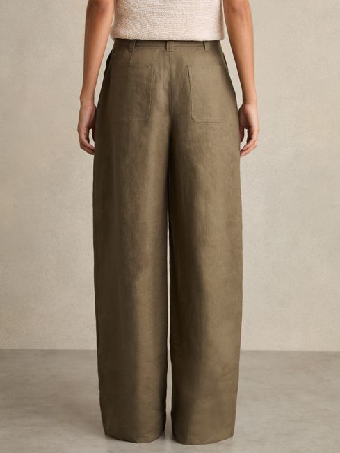 Reiss Khaki Ashby Linen-Cotton Wide-Leg Trousers