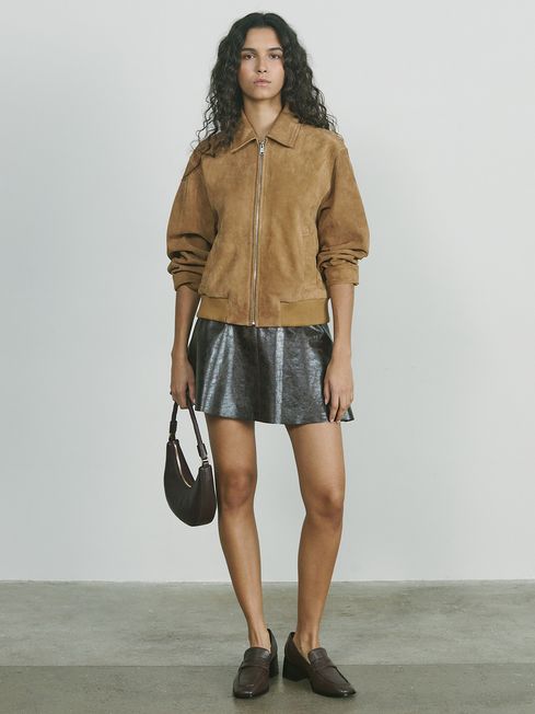 Reiss Tan Gia Suede Zip Through Bomber Jacket