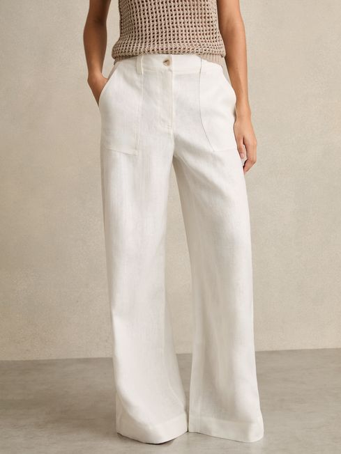 Reiss White Ashby Linen-Cotton Wide-Leg Trousers