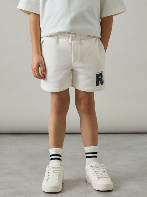 Reiss Off White/Forest Green Marcus 3-9 yrs Jersey Drawstring R Print Shorts