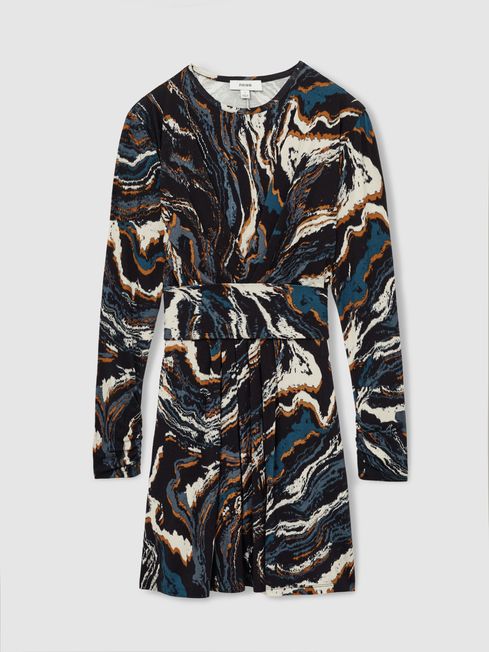 Reiss Black/Blue Jasmine Jersey Printed Tie-Waist Mini Dress