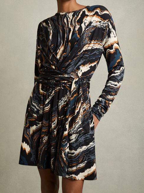 Reiss Black/Blue Jasmine Jersey Printed Tie-Waist Mini Dress