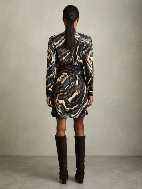 Reiss Black/Blue Jasmine Jersey Printed Tie-Waist Mini Dress