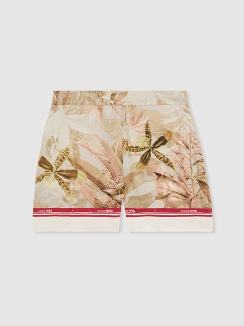 Reiss Light Khaki Santana Reiss | NYBG Satin Floral-Print Shorts