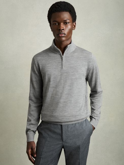 Reiss Warm Grey Melange Blackhall Merino Wool Half Zip Jumper