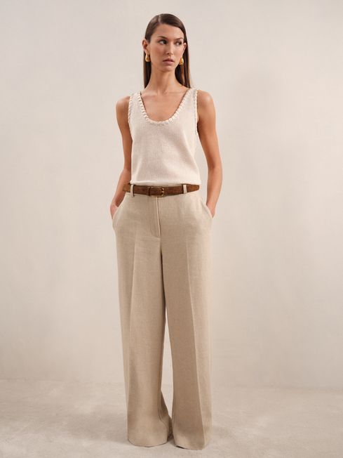 Reiss Neutral Devon Petite Linen-Blend Wide-Leg Trousers