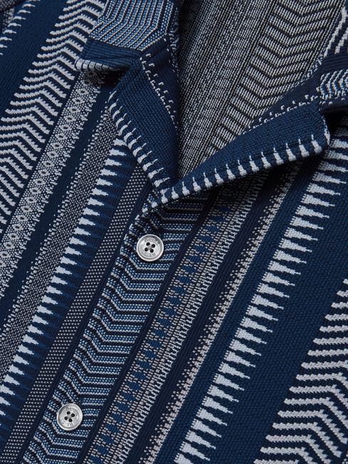 Reiss Navy Archer Aztec-Stripe Cuban-Collar Shirt