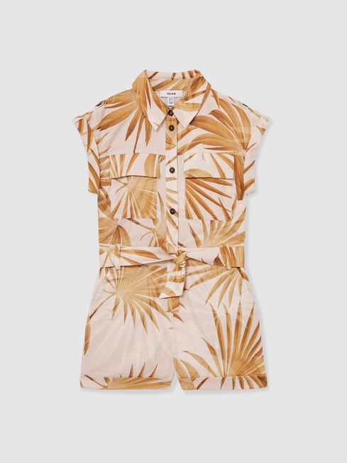 Reiss Multi Zoey Cotton-Linen Palm-Print Playsuit