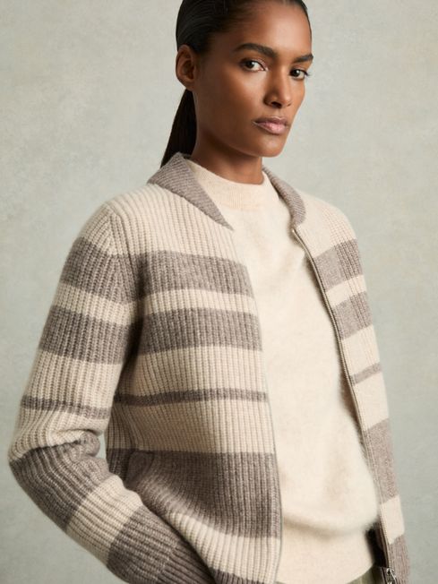 Reiss Neutral/Brown Alexa Wool Stripe Zip-Through Cardigan