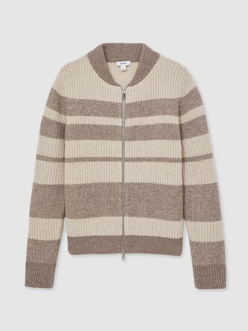 Reiss Neutral/Brown Alexa Wool Stripe Zip-Through Cardigan